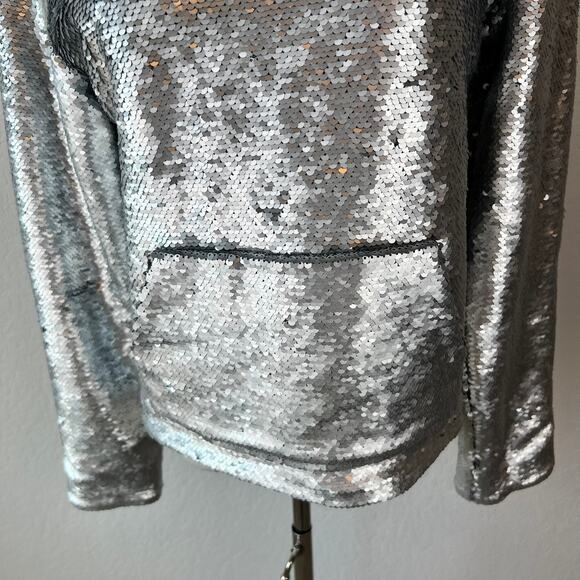 RTA Sequin Hoodie Jacket Silk Lined Kanagroo Pocket size XS Silver - Picture 4 of 16